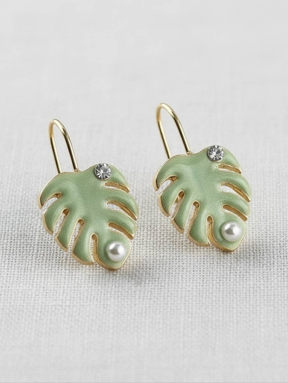 Gold-Tone Mint Green Botanical Monstera Leaf Drop Earrings with Crystal & Pearl